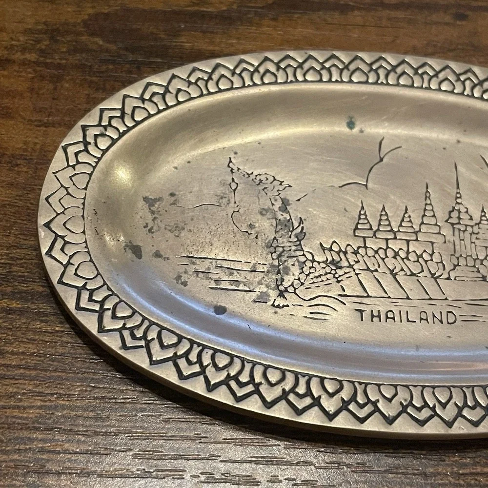 ✅Vintage Thailand Souvenir Small Brass Oval Platter 5